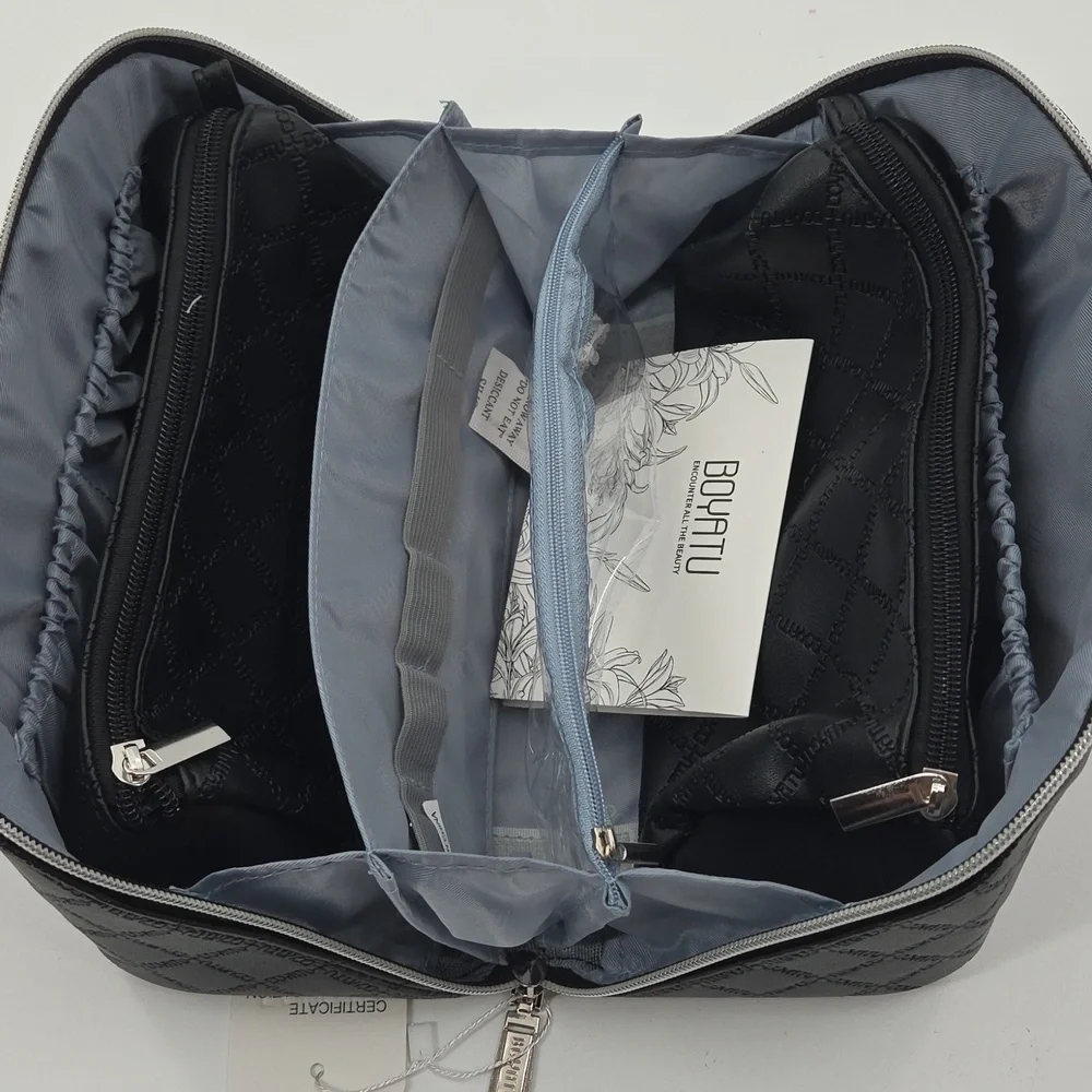 Black Checkered Toiletry Bag With Multiple Compartments
